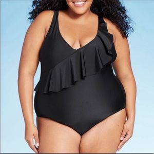 Kona Sol Plus Size High Coverage Black One Piece Swimsuit with Ruffle Sz 24W NEW